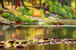 'Deer Crossing The River' Original Artwork - Size: 12x18"